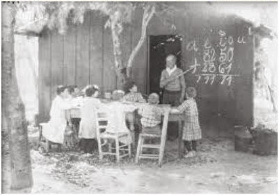 Maestro dando clases de matematicas a los niños en una Escuela Rural.